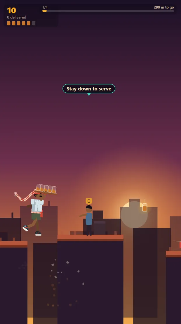 Chai Run in play: a runner carrying a tray of chai glasses leaps between rooftops at sunset, with a customer waiting ahead and a heads-up display showing round one of four and 290 metres to go.